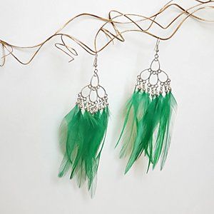 Long Green Feather Earrings